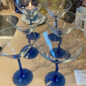 Vintage Cobalt Blue crooked bent stem. Set of 6 martini cocktail glasses.
